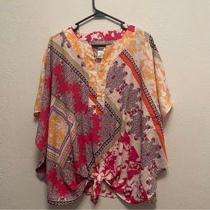 Chico's Size 3 (XL) Printed Tie-Front Top Tie Front Detail Kimono Sleeve
